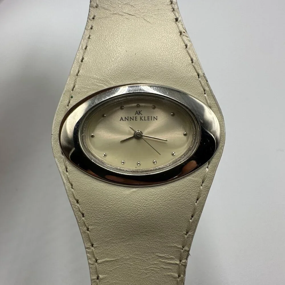 3/$30 Anne Klein Watch Women Silver Tone Cream Leather Band New Battery 8.5